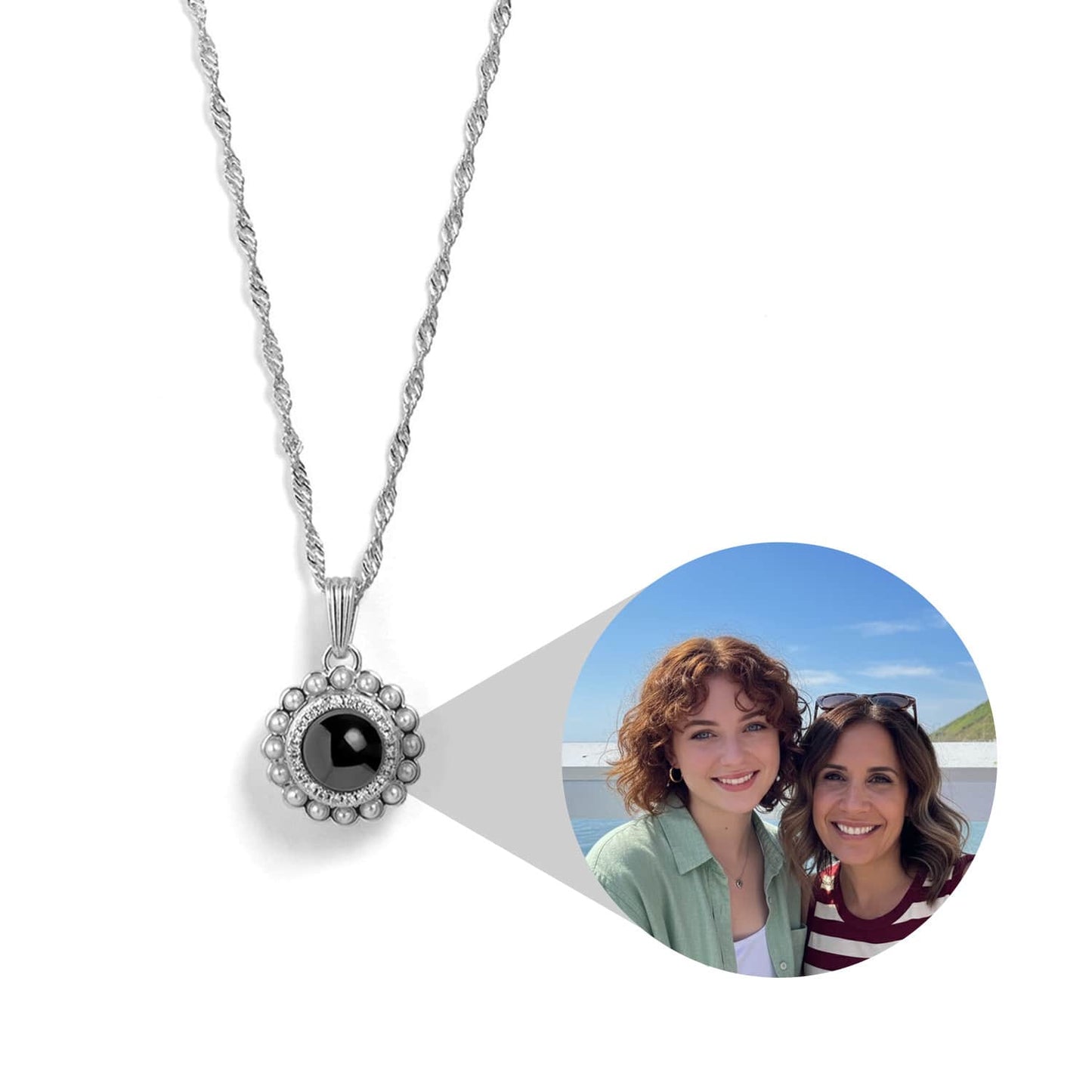 Personalized Pearl Glitz Circle Photo Necklace