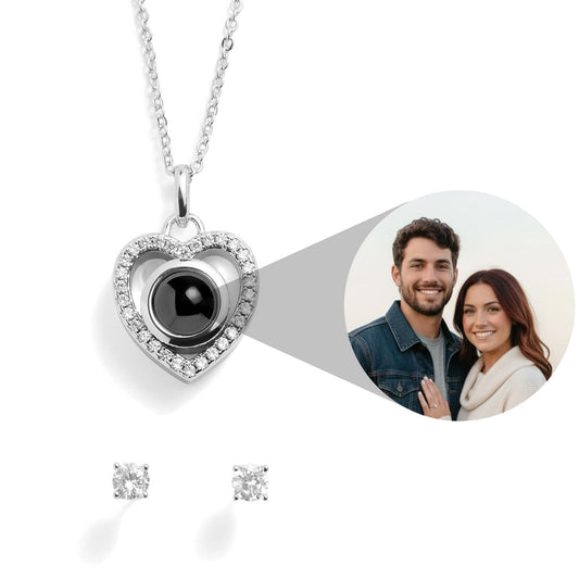 Personalized Pavé Heart Photo Necklace and Earring Gift Set