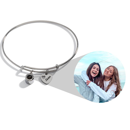 Personalized Photo Bangle With Sister Charm